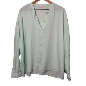 Eileen Fisher Button Down Shirt Organic‎ Linen Top Long Sleeve Green Size XL